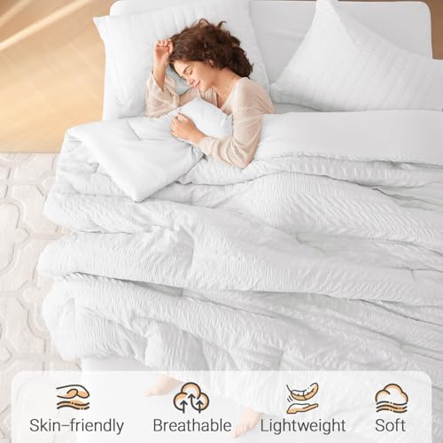 MUXHOMO 7 Pieces Oversized Queen Comforter Set, Seersucker Bed in a Bag - Image 2