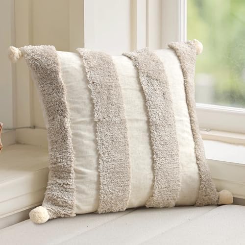 Boho Throw Pillow Covers 18x18 Tufted Home Decor Natural Beige - Image 2