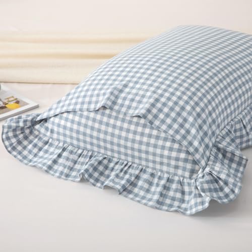 Mywinlle Blue Gingham Ruffle Pillow Covers King Size Set of 2 - Image 6