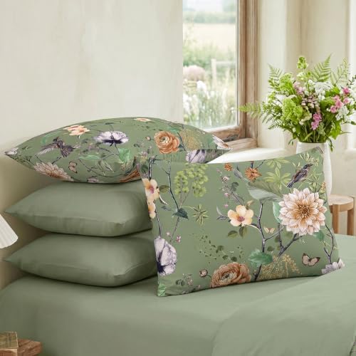 Bedorm 100% Cotton Pillowcases Set of 2 King Size Green Floral Pillow Cover - Image 4