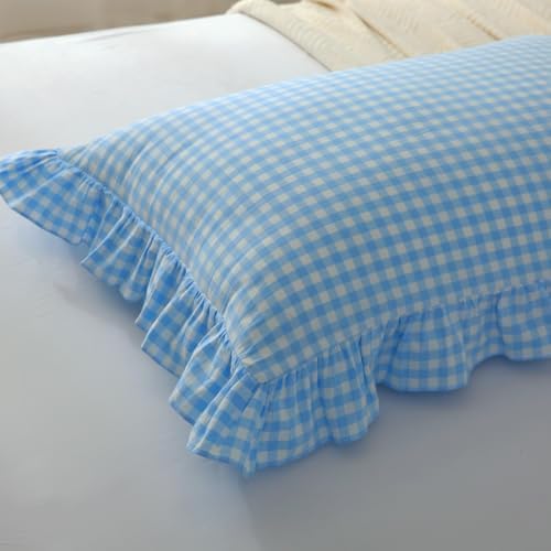 Mywinlle Vintage Sky Blue Plaid Ruffle Pillow Shams Standard Size Set of 2 - Image 4