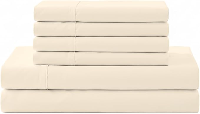 Linen Home 100% Cotton Percale Sheet Set, Full Size, Ivory, Deep Pocket, 6 Pieces Set - 1 Flat, 1 Deep Pocket Fitted Sheet and 4 Pillowcases, Crisp Cool and Strong Bed Linen