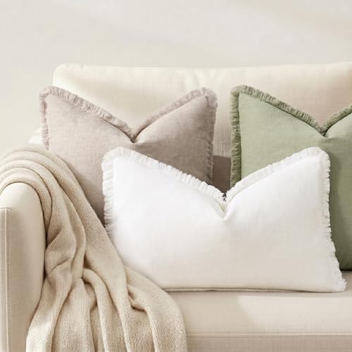 decorUhome Linen Fringe Cream White Throw Pillow Covers 12x20 Set of 2 - Image 4