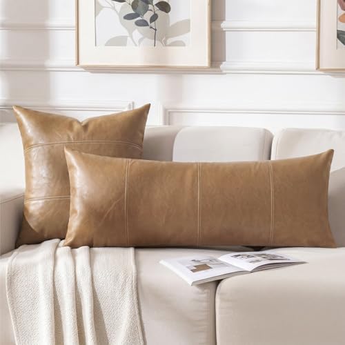 Fancy Homi Light Brown Boho Long Lumbar Faux Leather Decorative Throw Pillow - Image 6