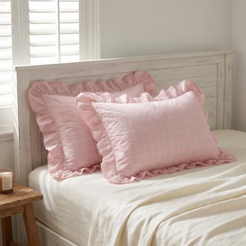 Mywinlle 2 Pack Blush Pink Plaid Ruffle Standard Size Pillow Shams -20"x26" - Image 5