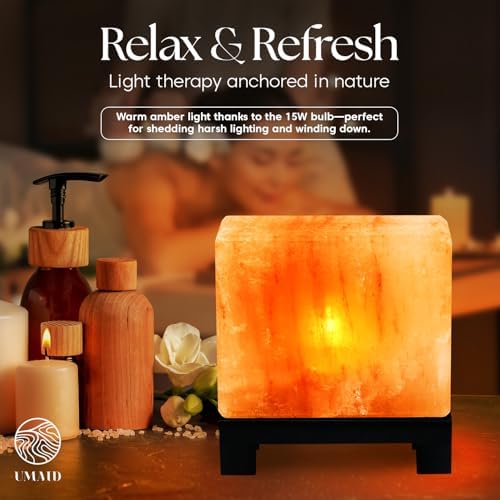 UMAID Himalayan Salt Lamp Rectangle, Natural Pink Rock Salt Lamp on Modern Wood Base with Night Light Bulb and Dimmable Cord, Spa Decor, Salt Massage Stones Ambiance, Meditation Accessories Decor Gift - Image 5