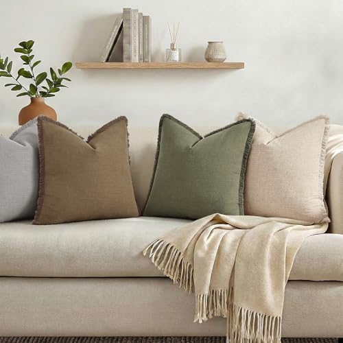 decorUhome Linen Fringe Olive Green Throw Pillow Covers 20x20 Set of 2 - Image 6
