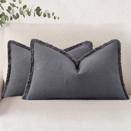 decorUhome Linen Fringe Dark Grey Throw Pillow Covers 12x20 Set of 2 by decorUhome