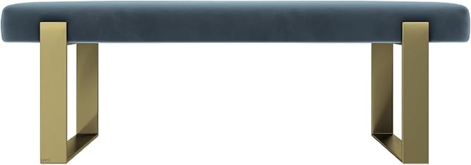 VANT Upholstered Bed Bench - Velvet Peacock Blue- Burnished Brass - Contemporary Modern, Bedroom Bench Seat, Hallway, or Entryway