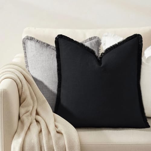 decorUhome Linen Fringe Black Throw Pillow Covers 20x20 Set of 2 - Image 4