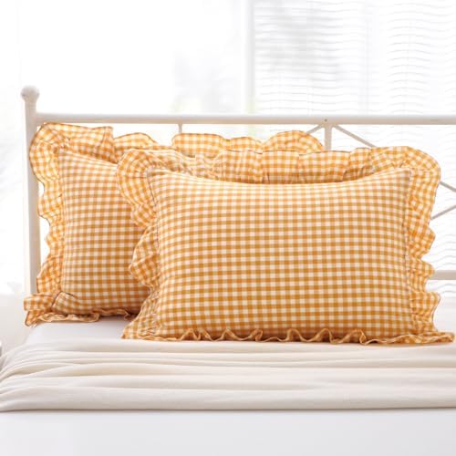 Mywinlle Mustard Yellow Gingham Ruffle Pillow Shams Standard Size Set of 2 - Image 2