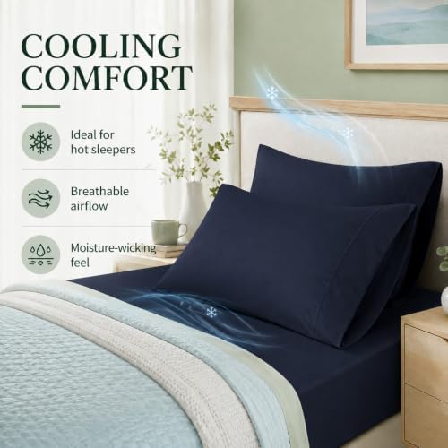 Pillow Cases Set, 100% Rayon from Bamboo, Queen 20"x30" Navy - Image 4