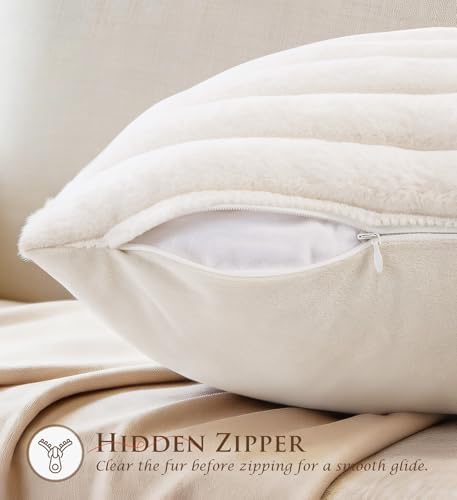 Set of 2 Decorative Throw Pillow Covers 26x26, Faux Fur Cream White - Image 3