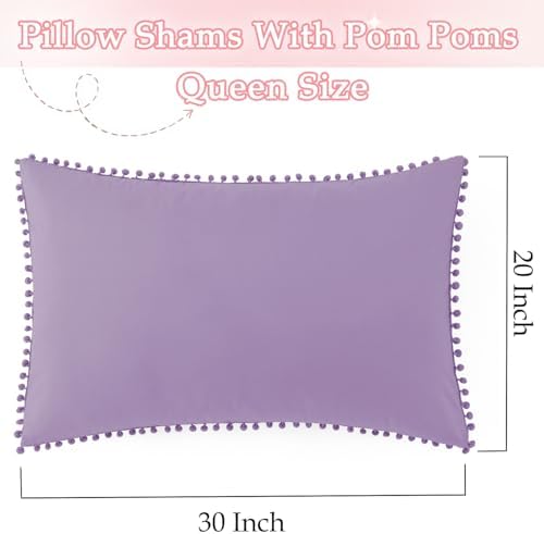 Pom Poms Pillow Shams Queen Size Set of 2, Light Purple Decorative Pillowcases - Image 3