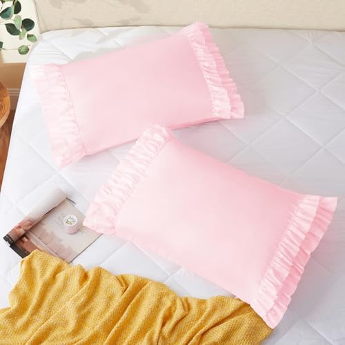Vonty Pink Ruffled Pillow Cases Set of 2, Body Size, 20x54 Inch - Image 3