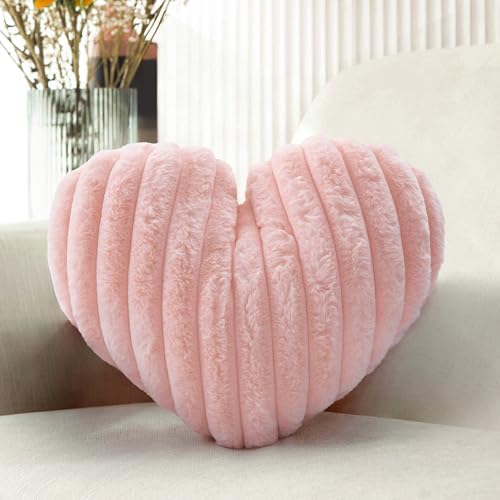 16 Inch Pink Heart Pillow Cute Fluffy Decorative Throw Pillows by Nmkopzy