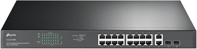 TP-Link TL-SG1218MP 16 Port Gigabit PoE Switch 16 PoE+ Ports @250W, w/ 2 Uplink Gigabit Ports + 2 Combo SFP Slots Plug & Play Sturdy Metal Rack-mountable