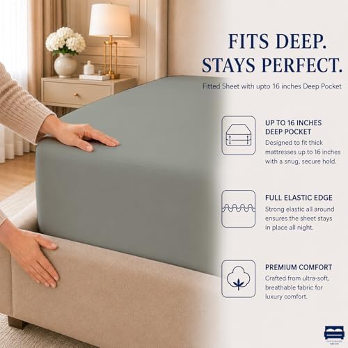 Cottingon 4 Piece Queen Sheets Fits 16" Deep, Egyptian Cotton, Light Grey - Image 7