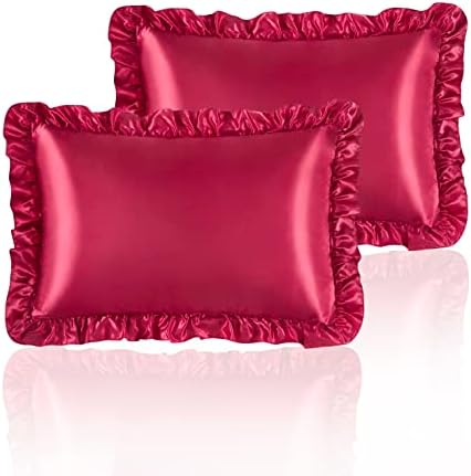 Wine Red Satin Ruffled Pillow Cases by HommxJF