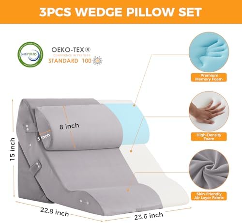 Ruqmuis Wedge Pillow Set for After Surgery, Bed Wedge Pillow, Plush Grey - Image 3