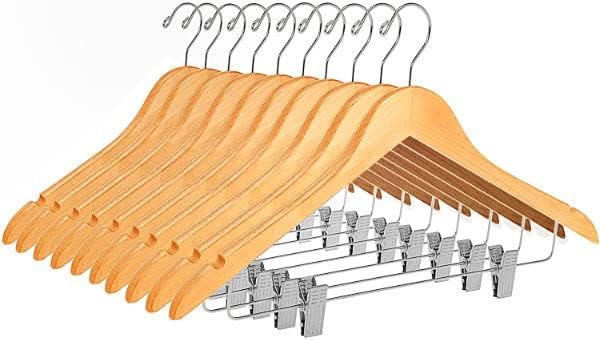 Quality Wooden Skirt Hangers with Clips 80-Pack Natural Pants Hangers with Adjustable Chrome Metal Clips, Swivel Hook, Coat, Jacket, Blouse Suit Hangers (Natural, 80)
