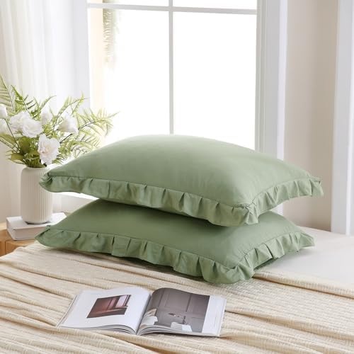Merryword Avocado Green Pillow Shams Green Ruffle Standard Pillowcases Cute - Image 4