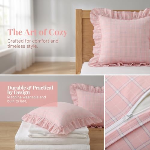 Mywinlle Blush Pink Plaid Ruffle Throw Pillow Shams 18"x18" Set of 2 - Image 3