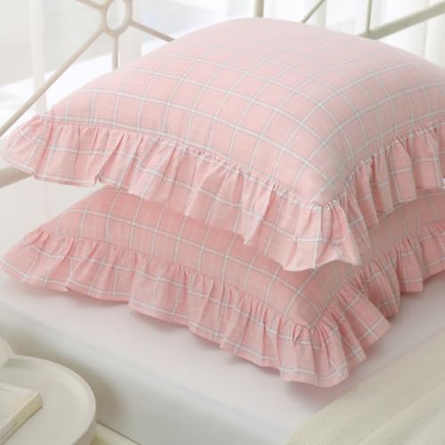 Mywinlle Blush Pink Plaid Ruffle Throw Pillow Shams 18"x18" Set of 2 - Image 6
