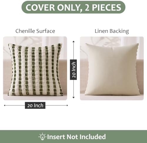 ANRODUO Boho Chenille Decorative Pillow Covers 20x20 Set of 2 Green White - Image 5