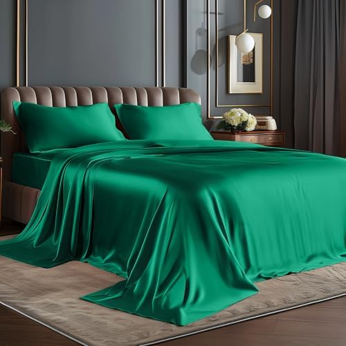 BEDELITE Satin Sheets King Size Bed Set, Dark Green, 4 Pieces by BEDELITE