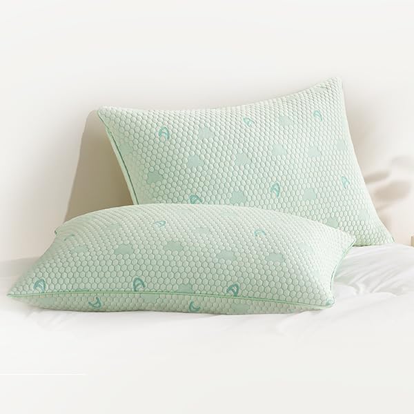 ACCURATEX Cooling Memory Foam Pillows for Sleeping King Size Set of 2, Adjustable Fluffy Pillows with Removable Cover, Cool Bed Pillow for Side Back Stomach Sleepers, Machine Washable, Green