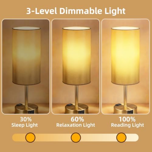 Bedside Table Lamp, Dimmable Touch, AC Outlet, USB A+C (Gold) - Image 3