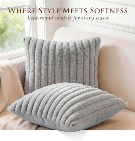 Set of 2 Decorative Throw Pillow Covers 18x18 Faux Fur Light Gray - Image 4