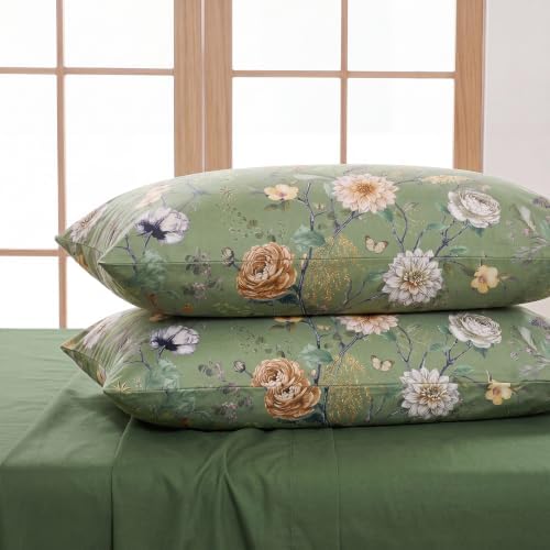 Bedorm 100% Cotton Pillowcases Set of 2 King Size Green Floral Pillow Cover - Image 7