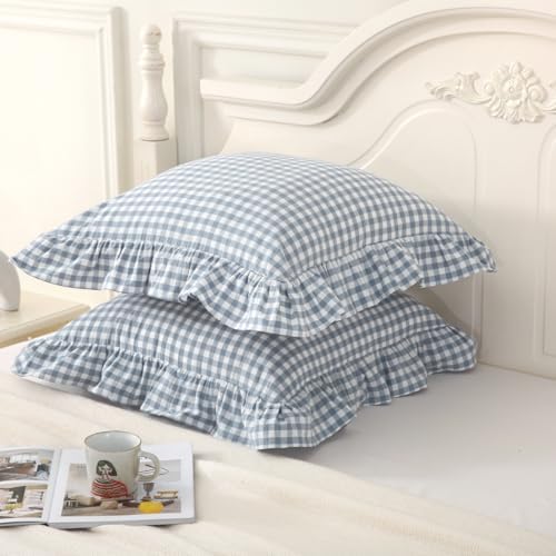 Mywinlle Blue Plaid Ruffle Gingham Throw Pillow Covers 18"x18" Set of 2 - Image 3