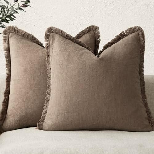 Foindtower Decorative Linen Fringe Throw Pillow Covers 20×20 Light Brown by Foindtower