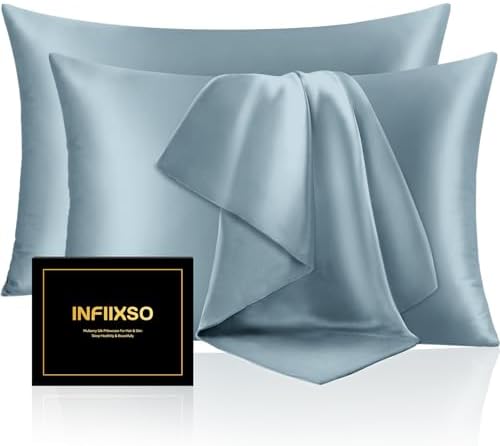 INFIIXSO Silk Pillow Cases 2 Pack, Standard Size, Hidden Zipper, Airy Blue by INFIIXSO