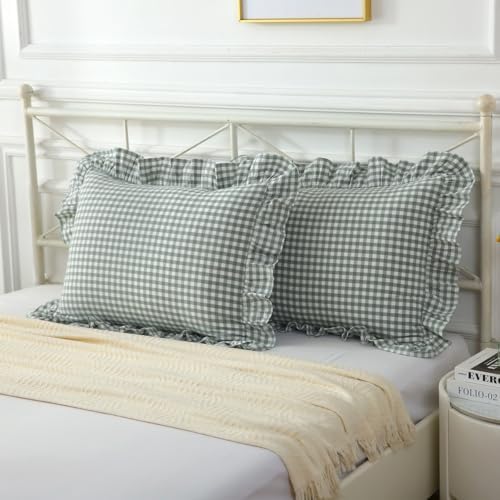Mywinlle Dusty Green Gingham Ruffle Pillow Shams King Size Set of 2 - Image 2