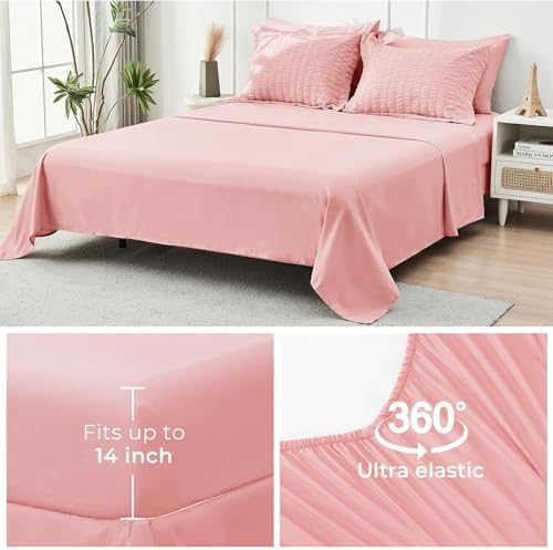 HYMOKEGE Rose Pink California King Comforter Set Seersucker 7 Pieces, All - Image 6