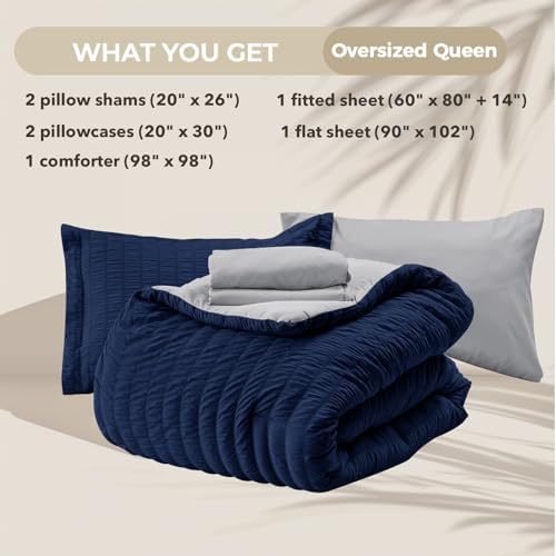 HYMOKEGE Navy Blue/Light Grey Oversized Queen Comforter Set Seersucker 7 Pieces - Image 5