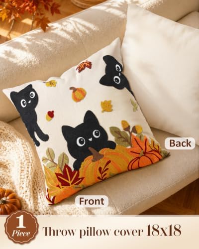Fall Embroidered Throw Pillow Cover 18x18 Inch, Cat Pumpkin - Image 4
