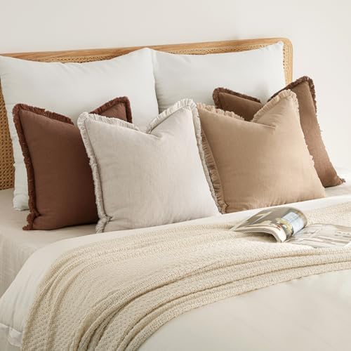 MIULEE Fall Linen Fringe Pillow Covers Set of 4 18x18 Beige/Brown - Image 5