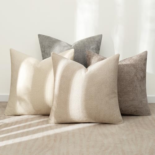 MIULEE Decorative Chenille Pillow Covers Neutral Beige 18x18 Pack of 4 - Image 3
