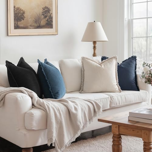 MIULEE Fall Linen Fringe Pillow Covers Set of 4 18x18 Beige/Coastal Blue - Image 4