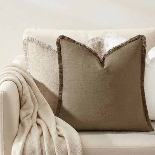 decorUhome Linen Fringe Light Brown Throw Pillow Covers 16x16 Set of 2 - Image 4