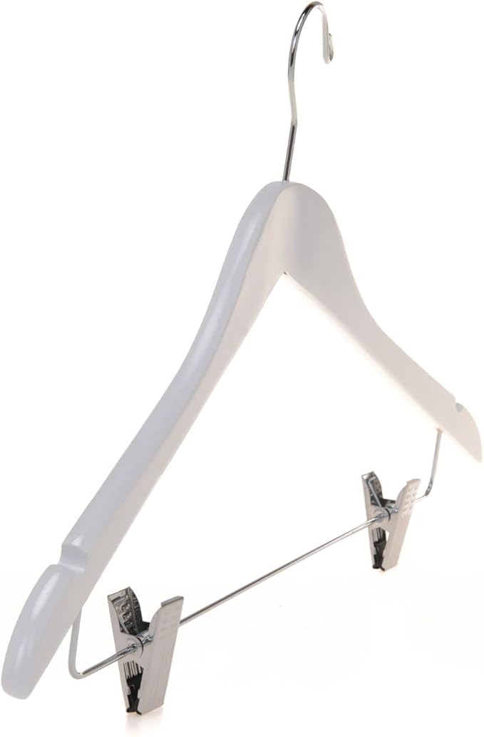Quality Wooden Skirt Hangers with Clips 80-Pack White Pants Hangers with Adjustable Chrome Metal Clips, Swivel Hook, Coat, Jacket, Blouse Suit Hangers (White, 80)