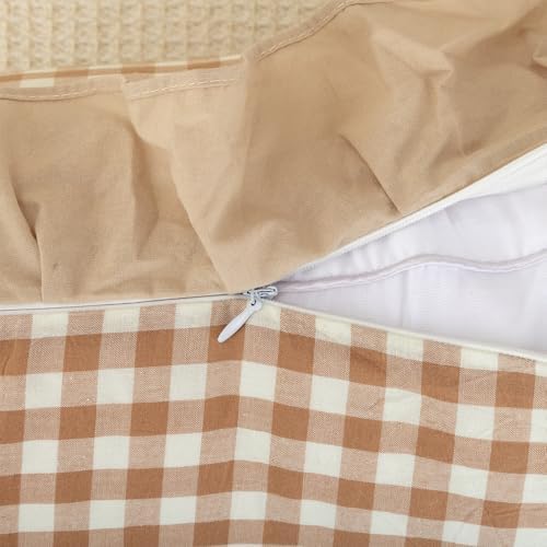 JoraLion Ruffled Throw Pillow Cover 20x20 Gingham Khaki Solid Edge - Image 5