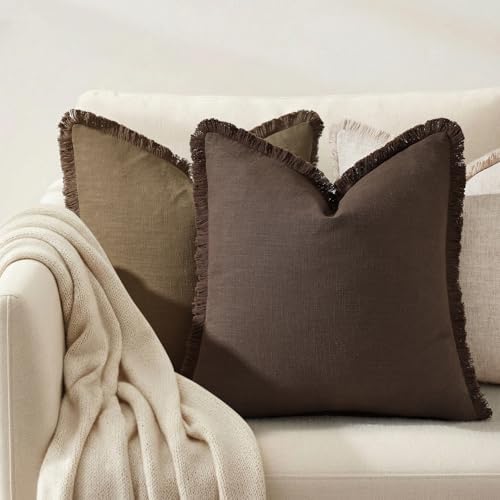 decorUhome Linen Fringe Chocolate Throw Pillow Covers 18x18 Set of 2 - Image 7
