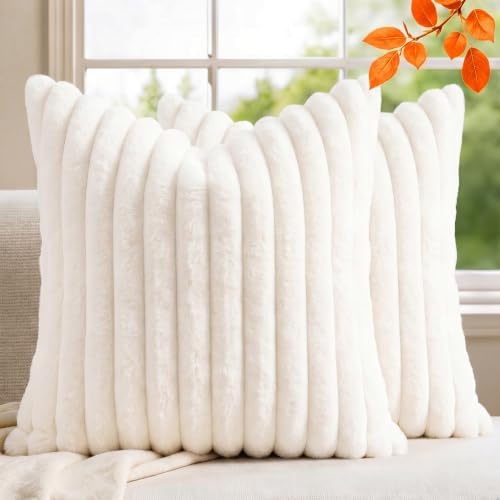 Set of 2 Decorative Throw Pillow Covers 20x20, Faux Fur Cream White by MEGAYESHome