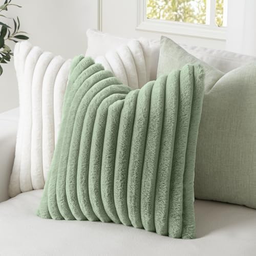 MIULEE Faux Fur Decorative Throw Pillow Covers 18x18 Set of 2 Sage Green - Image 3